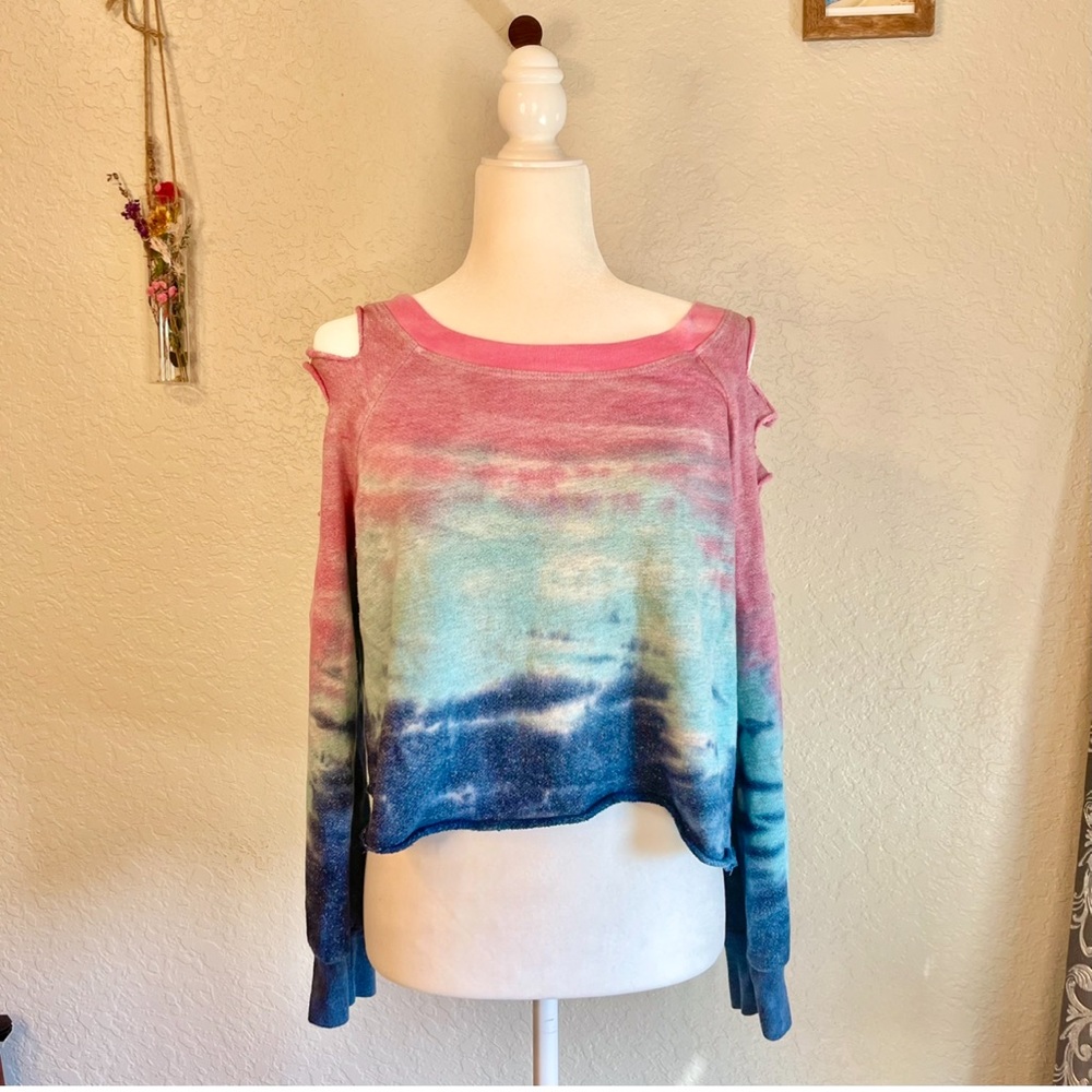 Vintage 90s/Y2K DIY Cut Shoulder Cropped Tie Dye Pullover Sweater-M/L - Picture 2 of 5